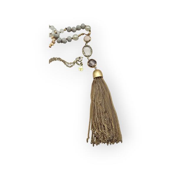 Loft Beaded Tassel Necklace Gold Gray Beads Statement Jewelry - Picture 5 of 8